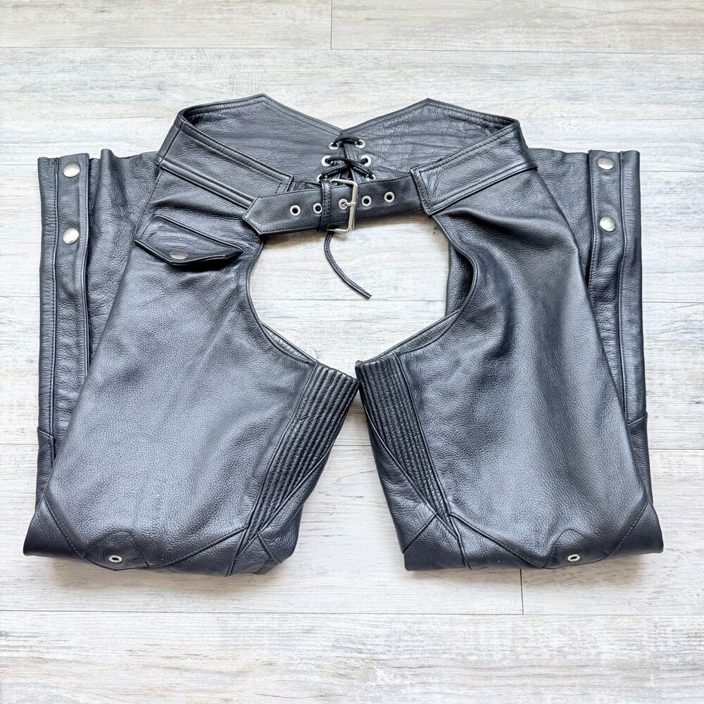 Wilsons Leather Vintage Black Leather Motorcycle Chaps Small 25" Inseam